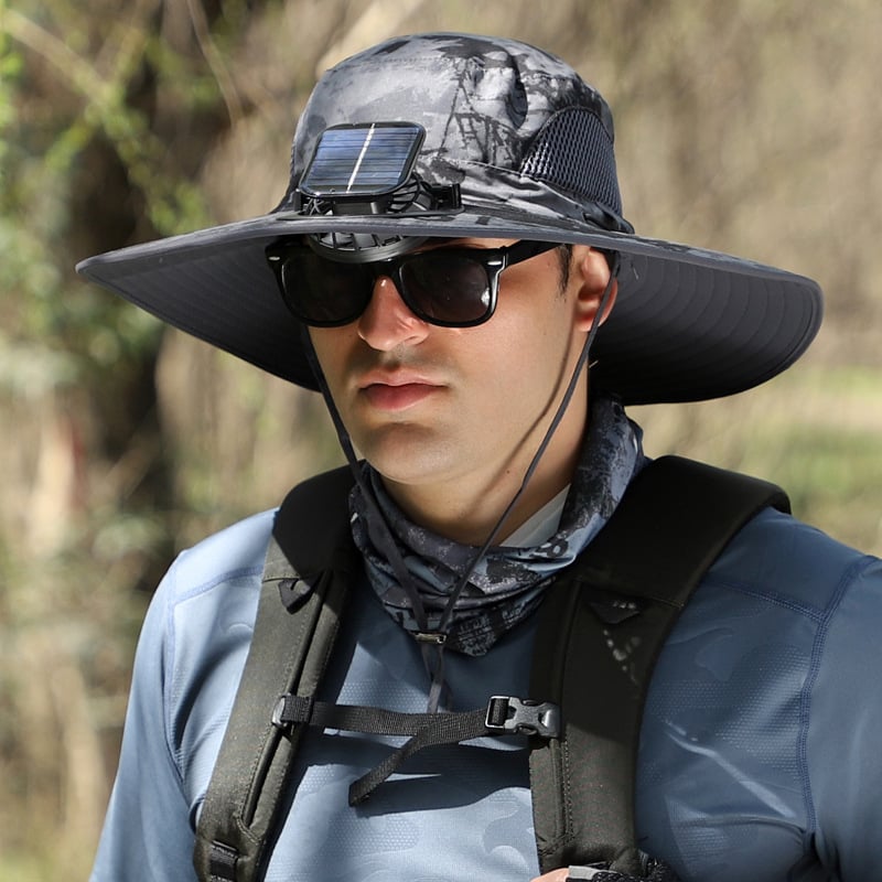 AirShade Sonnenhut für Herren mit Ventilator – Einheitsgröße, solarbetriebene Kühlung, breite Krempe, leicht und verstellbar