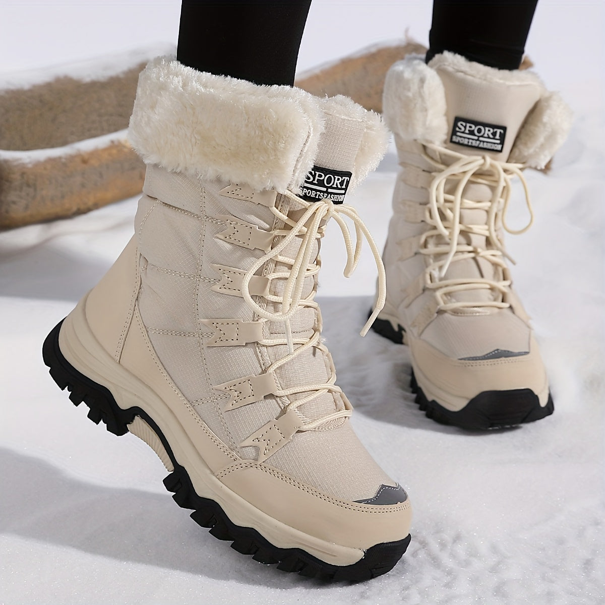 Damen-Winterstiefel zum Schnüren – Isolierte, wadenhohe Stiefel mit Kunstpelzkragen und profilierter Sohle 0