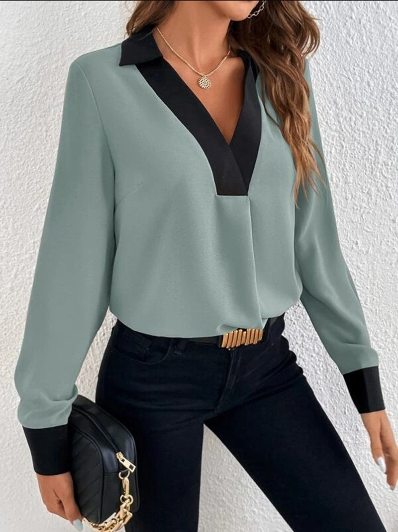Damen Bluse | Langarm V-Ausschnitt mit Kontrastbesatz | Business & Freizeit