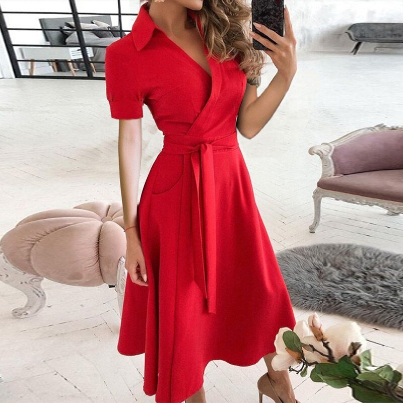Damen Midi Kleid im Wrap-Design mit Taillengürtel und kurzen Ärmeln – Atmungsaktive Sommerkleider für jeden Anlass