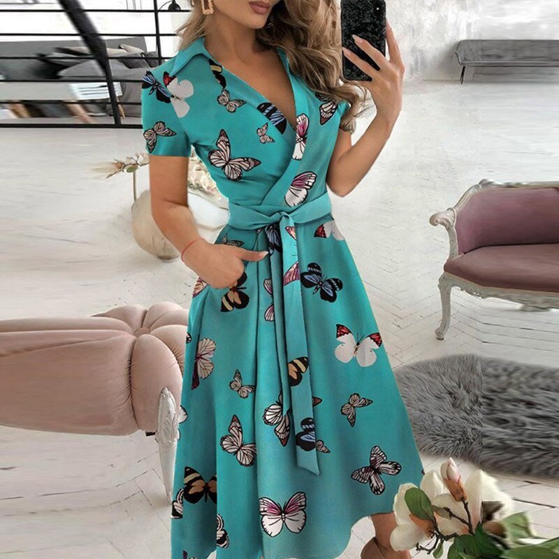 Damen Midi Kleid im Wrap-Design mit Taillengürtel und kurzen Ärmeln – Atmungsaktive Sommerkleider für jeden Anlass