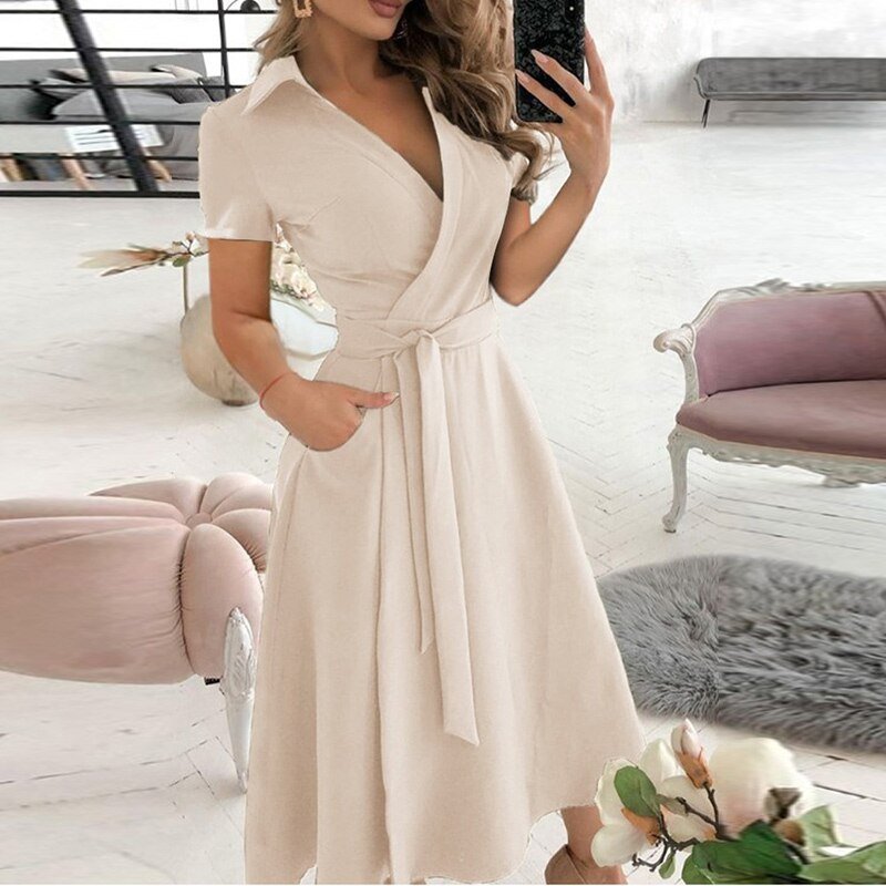 Damen Midi Kleid im Wrap-Design mit Taillengürtel und kurzen Ärmeln – Atmungsaktive Sommerkleider für jeden Anlass