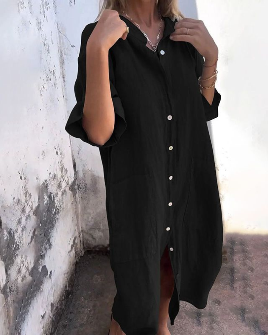 Damenkleid | Boho Shirtkleid für Sommer mit Knopfleiste und Taschen