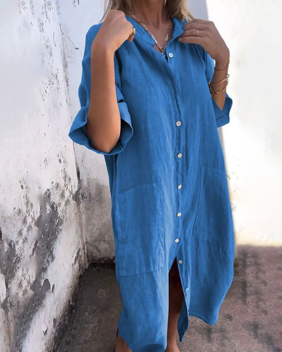Damenkleid | Boho Shirtkleid für Sommer mit Knopfleiste und Taschen