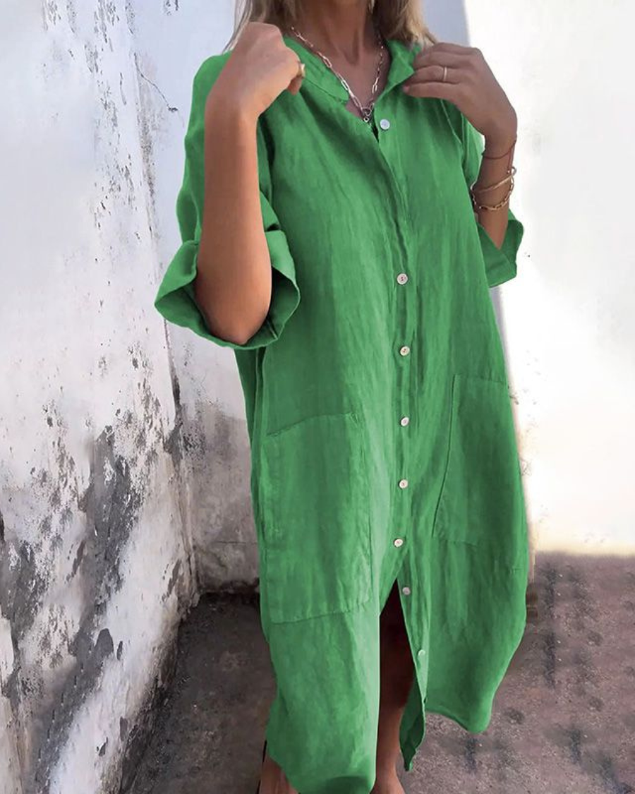 Damenkleid | Boho Shirtkleid für Sommer mit Knopfleiste und Taschen