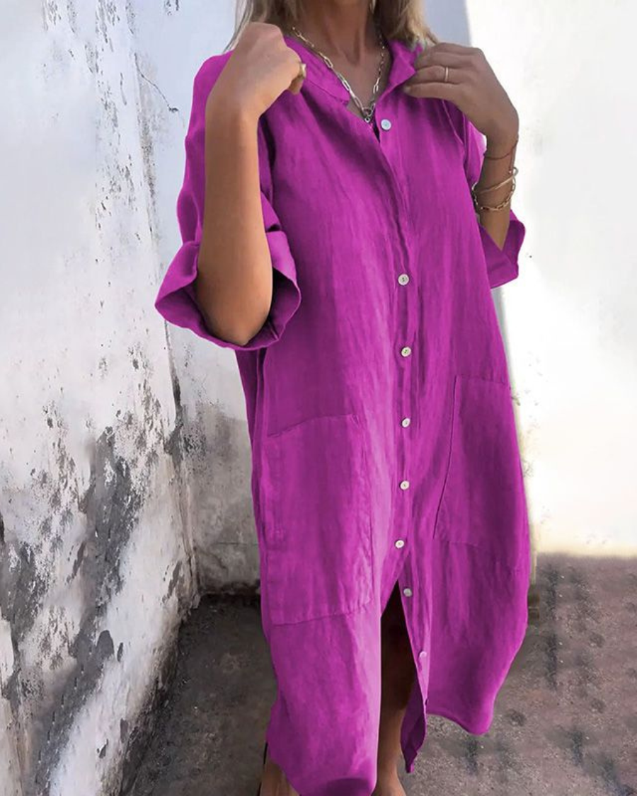 Damenkleid | Boho Shirtkleid für Sommer mit Knopfleiste und Taschen