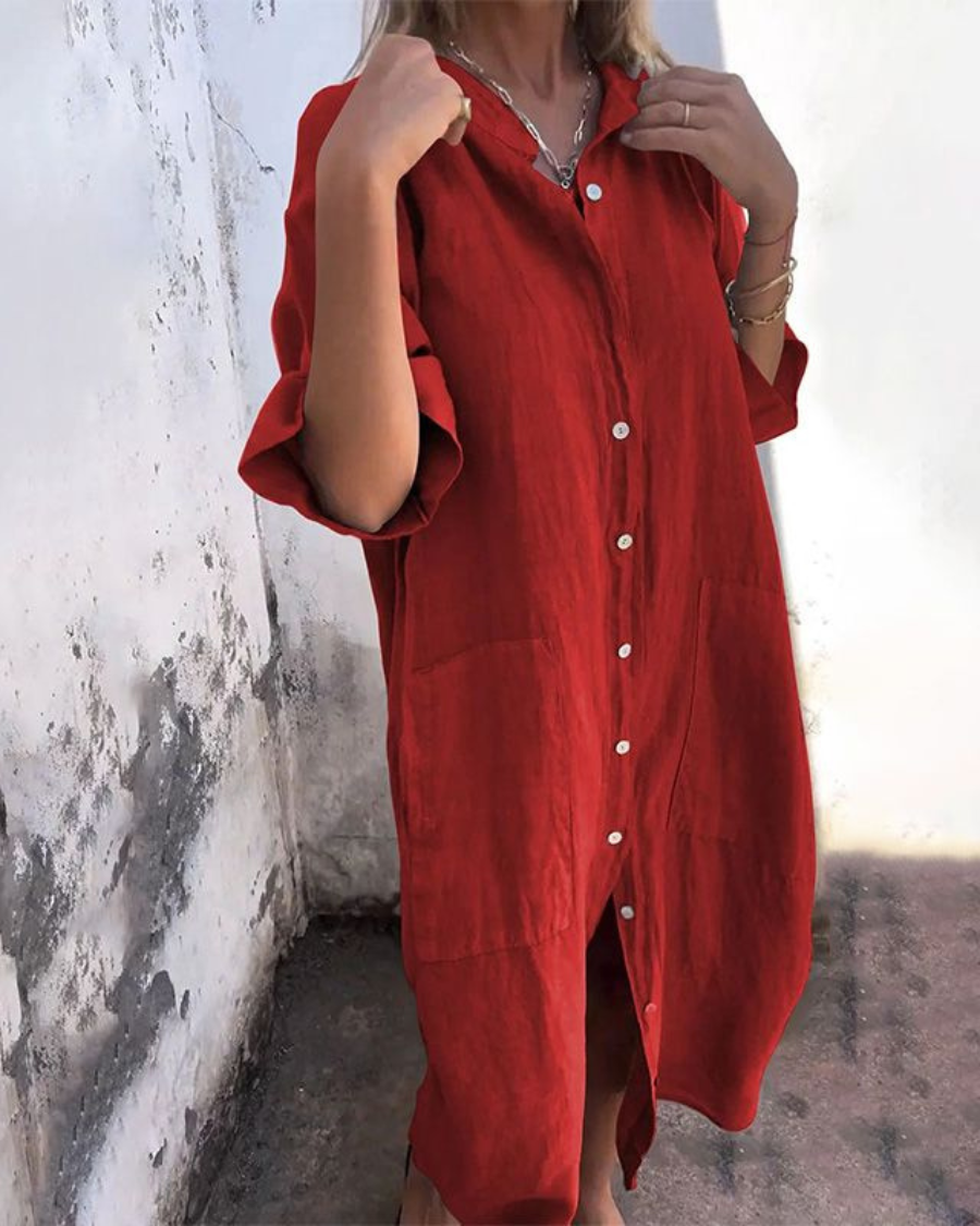 Damenkleid | Boho Shirtkleid für Sommer mit Knopfleiste und Taschen