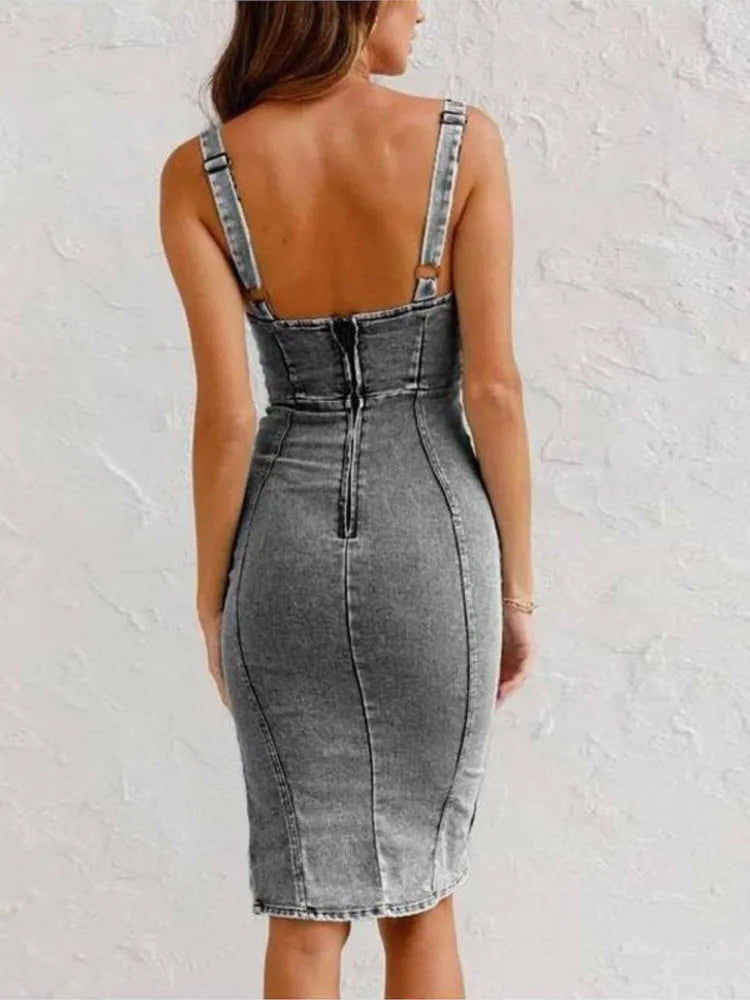 Damenkleid | Denim Kleid Für Sommer | Midikleid Mit Verstellbaren Trägern