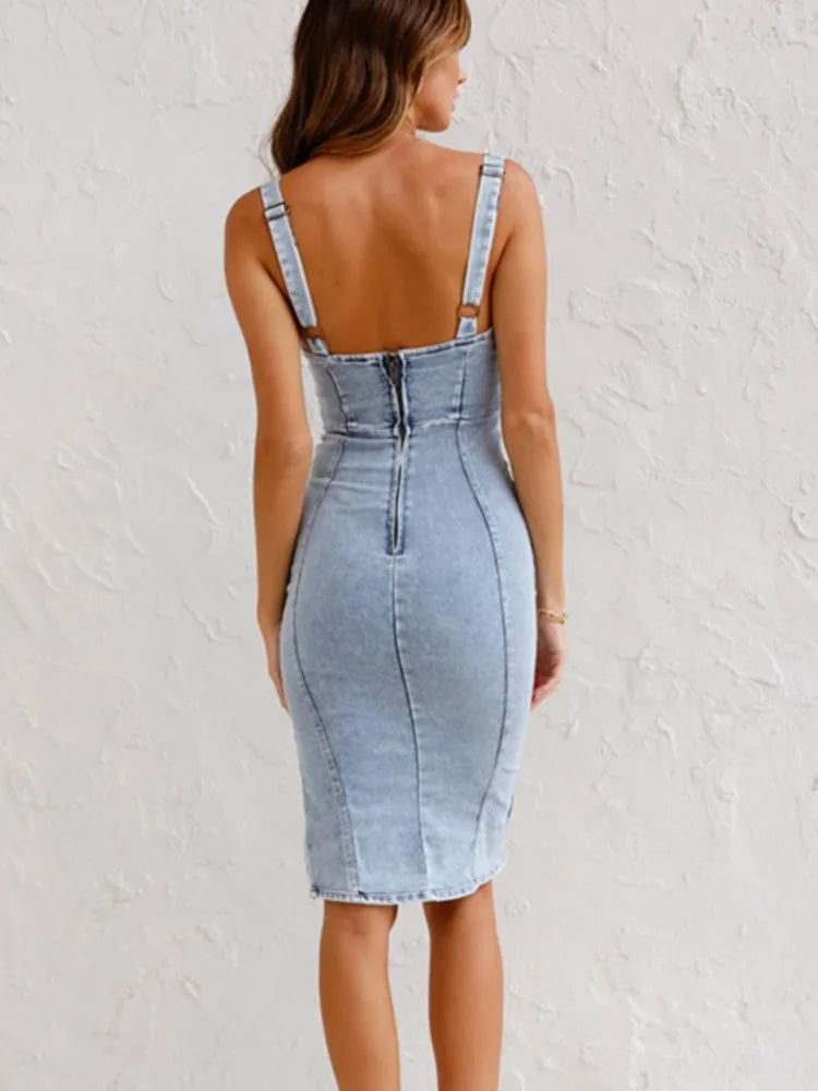 Damenkleid | Denim Kleid Für Sommer | Midikleid Mit Verstellbaren Trägern