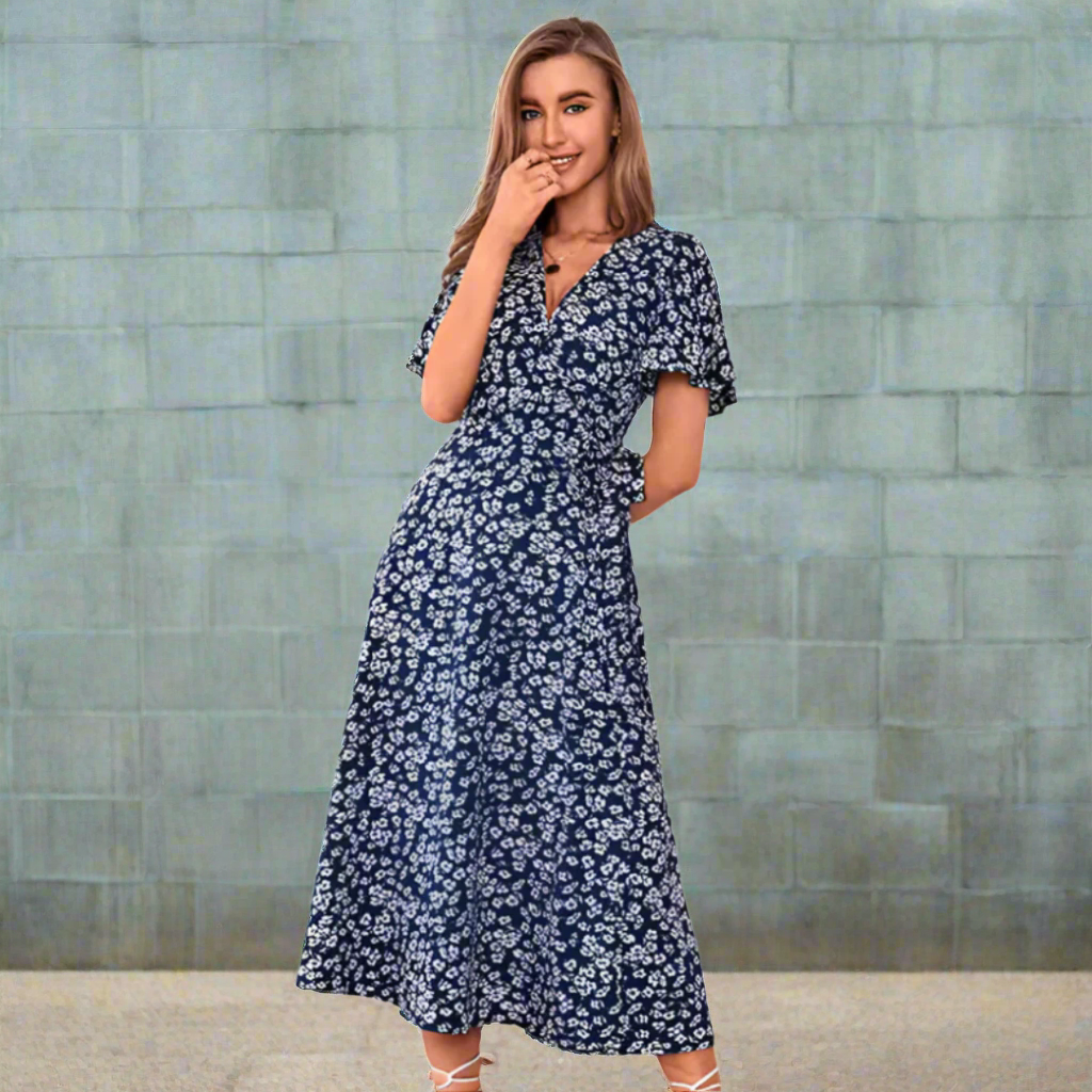 Damenkleid | Plus Size Sommerkleider für Damen mit V-Ausschnitt und Volantärmeln