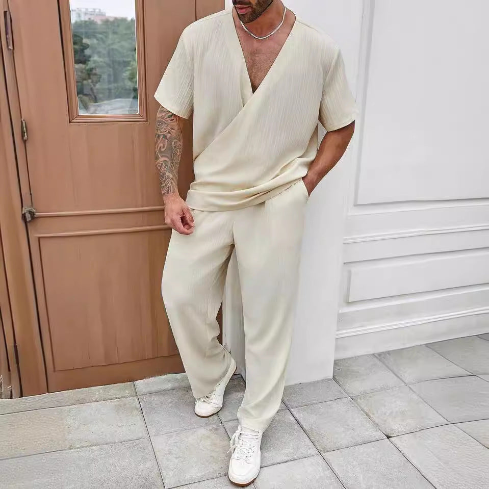 Herren Sommer Set – Lässiges V-Hals T-Shirt mit Kurzen Ärmeln und Luftiger Hose – Bequeme Passform für Freizeit und Alltag