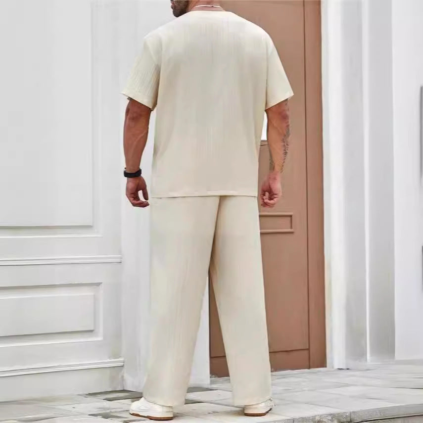 Herren Sommer Set – Lässiges V-Hals T-Shirt mit Kurzen Ärmeln und Luftiger Hose – Bequeme Passform für Freizeit und Alltag
