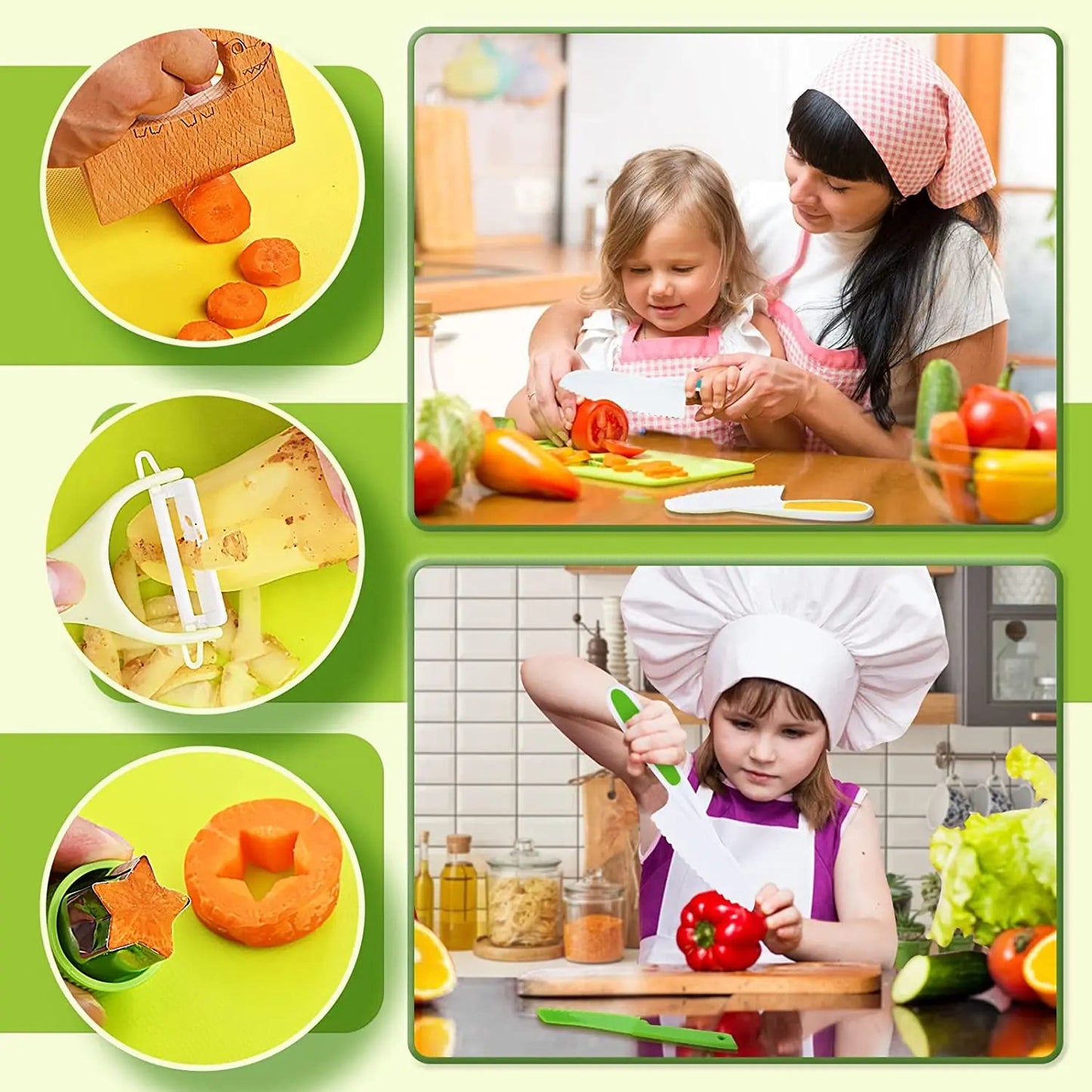 Junior Kochset für Kinder – Sicheres Kindermesser, Schneidebrett, Schürze und Kochbuch – Bunt, BPA-frei, ab 5 Jahren