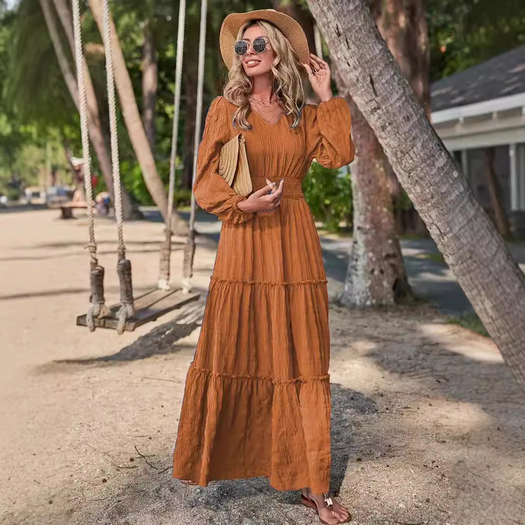 Maxikleid | Lange Kleider für Damen im Sommer mit V-Ausschnitt und gestuftem Rock