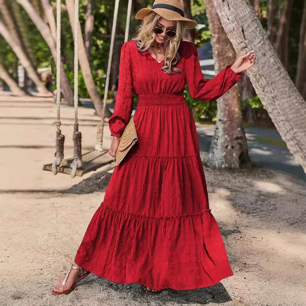 Maxikleid | Lange Kleider für Damen im Sommer mit V-Ausschnitt und gestuftem Rock