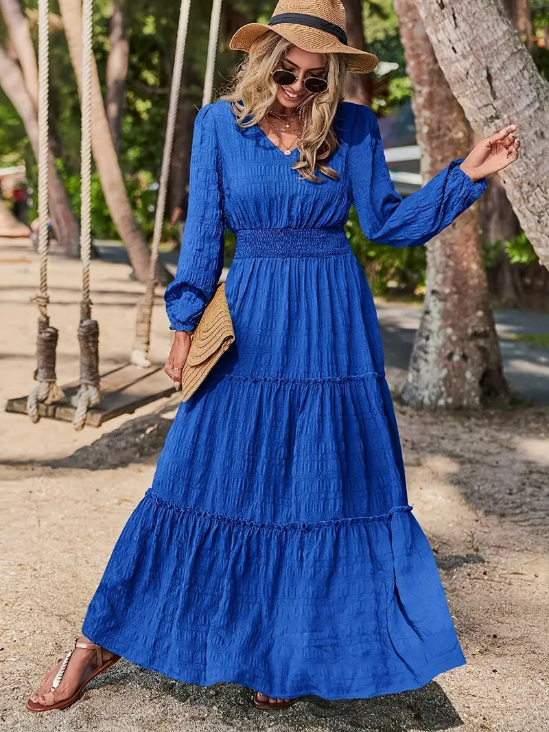 Maxikleid | Lange Kleider für Damen im Sommer mit V-Ausschnitt und gestuftem Rock