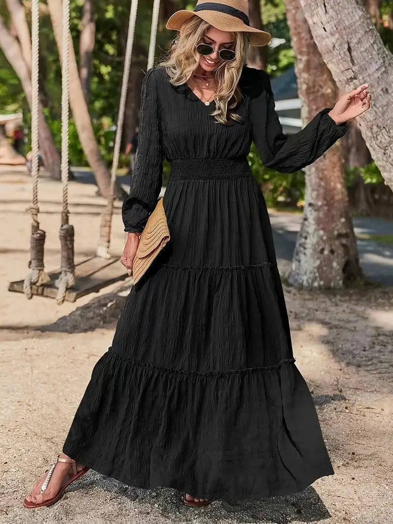 Maxikleid | Lange Kleider für Damen im Sommer mit V-Ausschnitt und gestuftem Rock