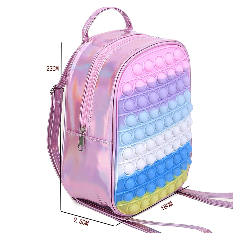 Mini Pop It Rucksack für Kinder – Fidget-Spielzeug mit Verstellbaren Trägern und Geräumigem Hauptfach, Regenbogen Design