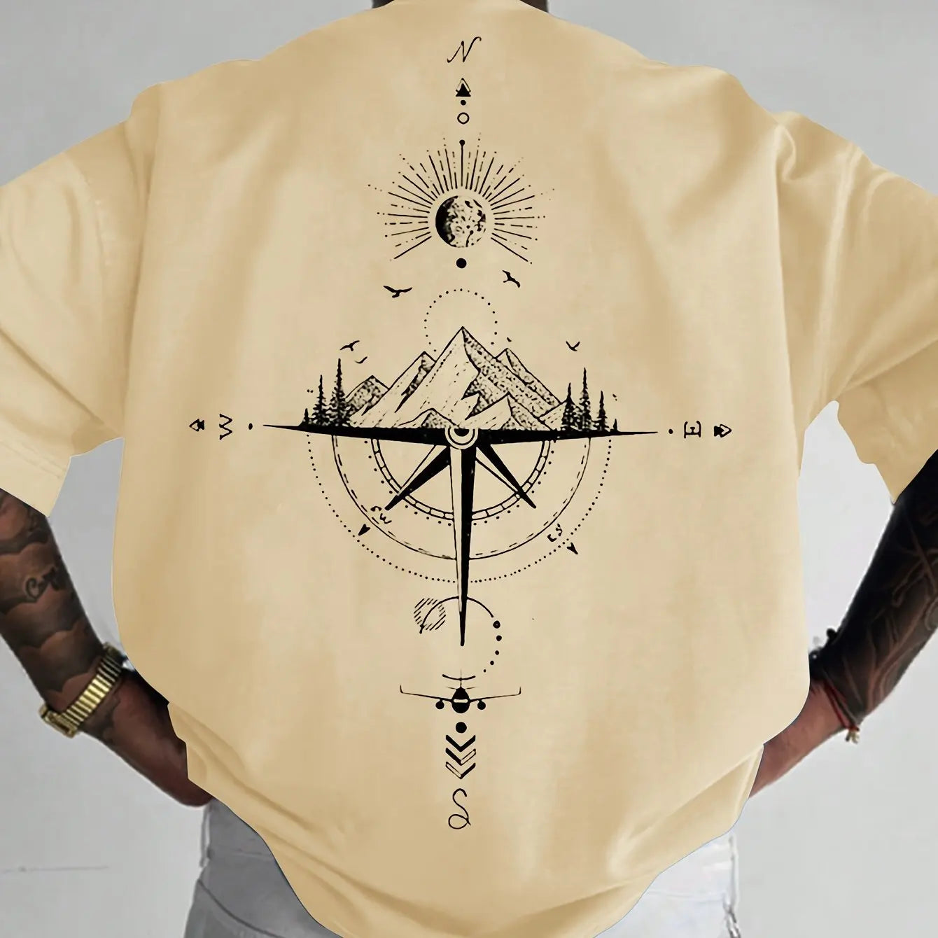 Oversized T-Shirt für Männer mit Kompass- und Berggrafik – Bequem, Atmungsaktiv und Stilvoll