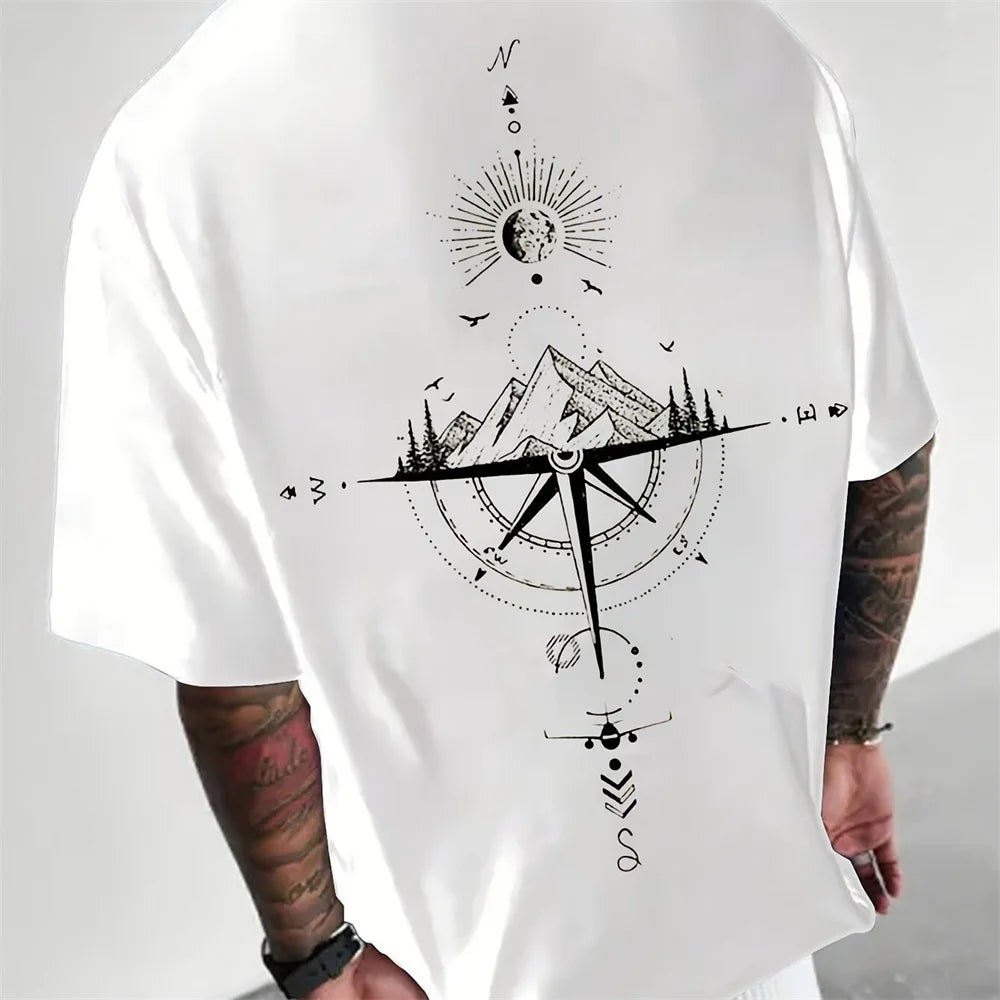Oversized T-Shirt für Männer mit Kompass- und Berggrafik – Bequem, Atmungsaktiv und Stilvoll