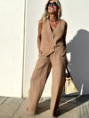 Stilvolles Zwei-Teiliges Damen Sommer Outfit – Braunes Leinen Gilet und Hose Set für Unvergessliche Tage