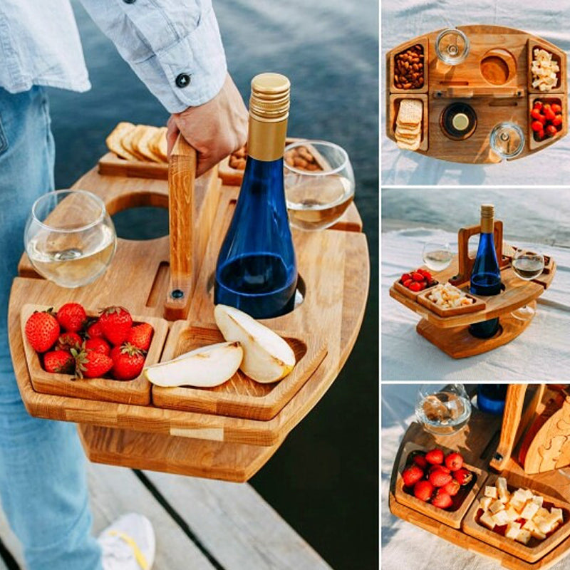Tragbarer Holz-Weintisch Klappbar mit Snackfächern und Glashaltern – Ideal für Picknick und Outdoor-Veranstaltungen