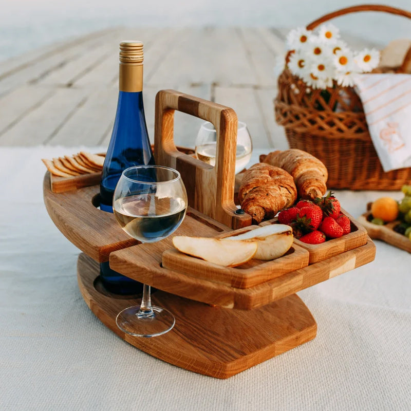 Tragbarer Holz-Weintisch Klappbar mit Snackfächern und Glashaltern – Ideal für Picknick und Outdoor-Veranstaltungen