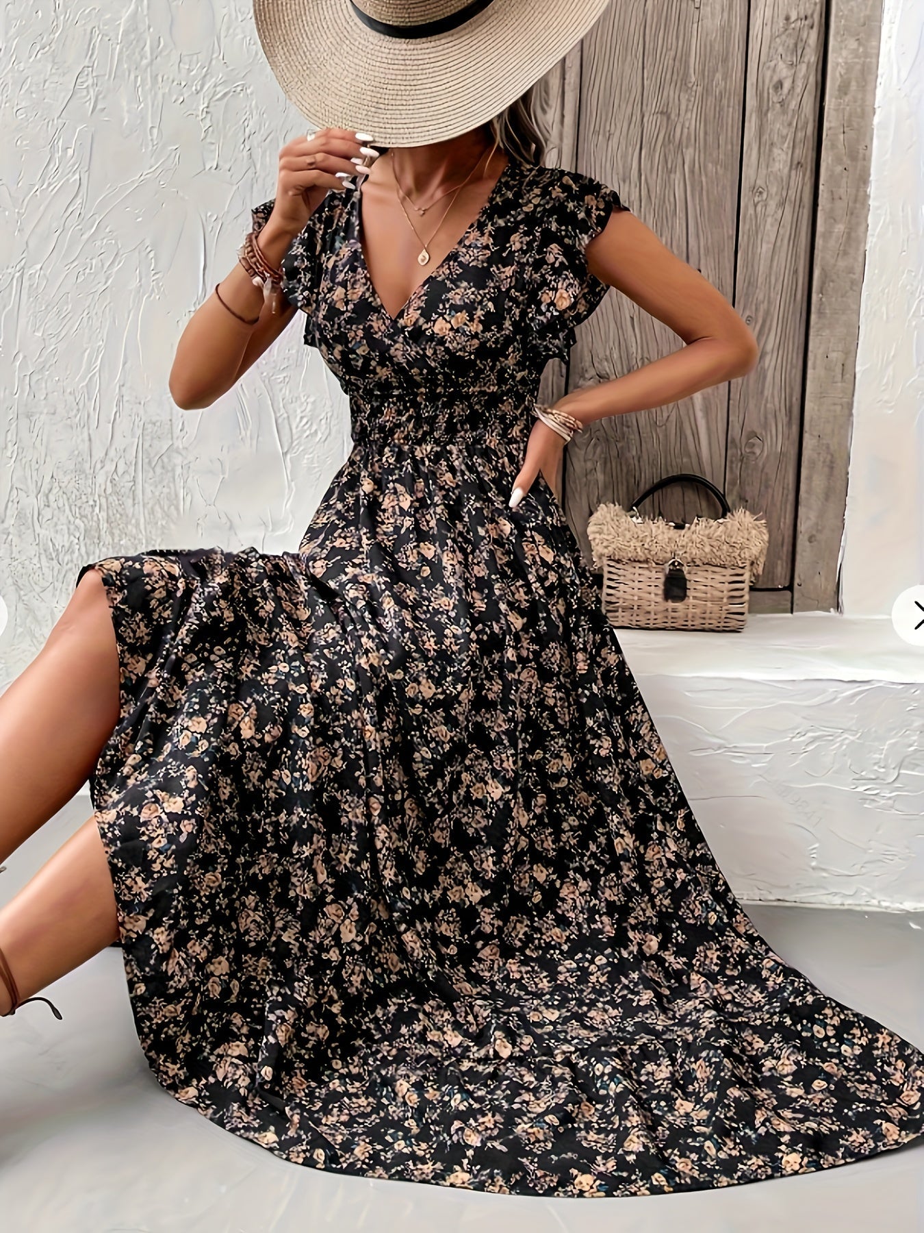 Damen A-Linien Kleid mit Blumendruck und Rüschenärmeln, festliche Kleider für Frühling und Sommer