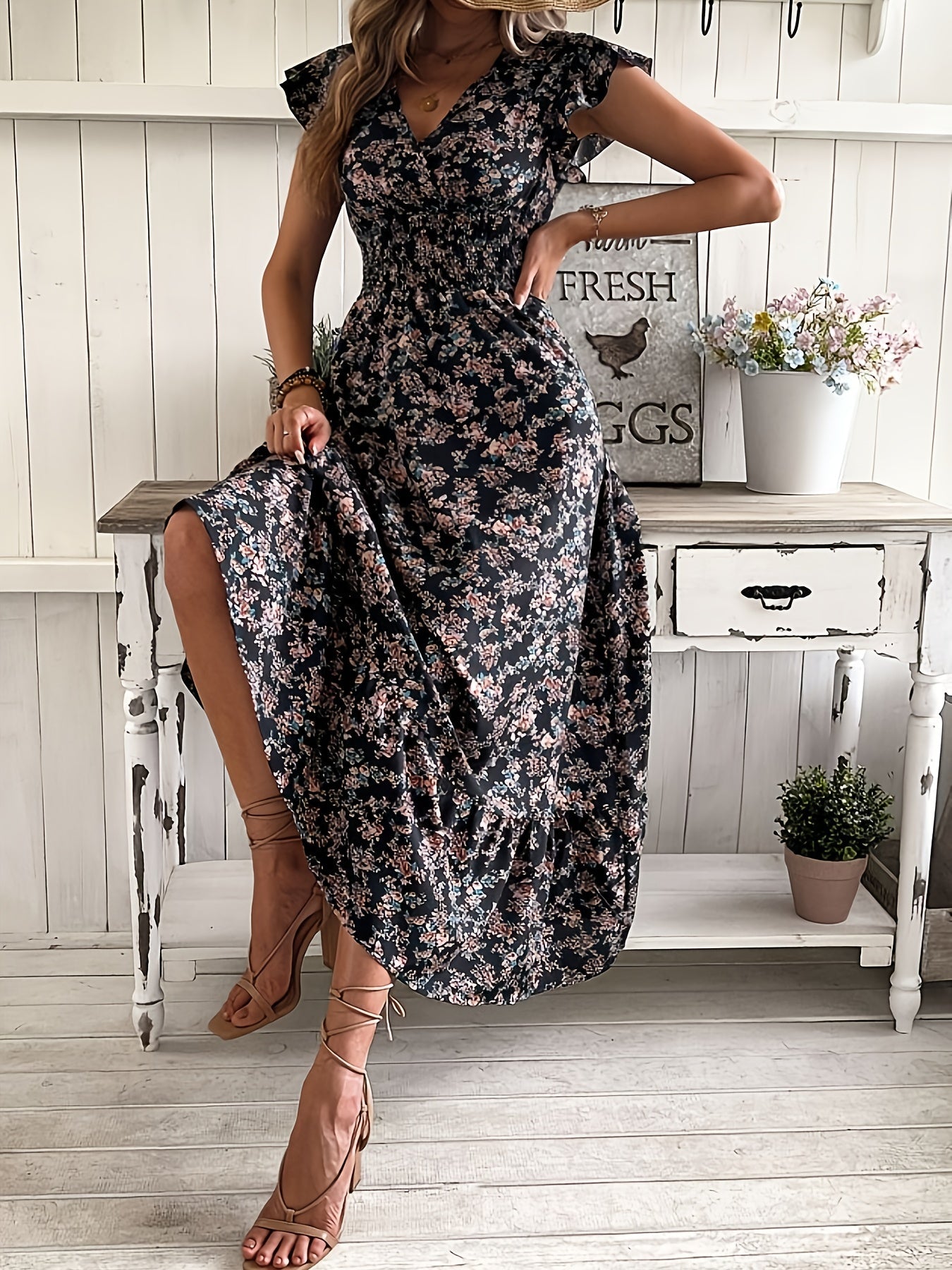Damen A-Linien Kleid mit Blumendruck und Rüschenärmeln, festliche Kleider für Frühling und Sommer
