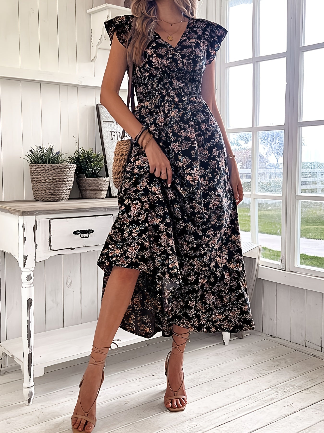 Damen A-Linien Kleid mit Blumendruck und Rüschenärmeln, festliche Kleider für Frühling und Sommer