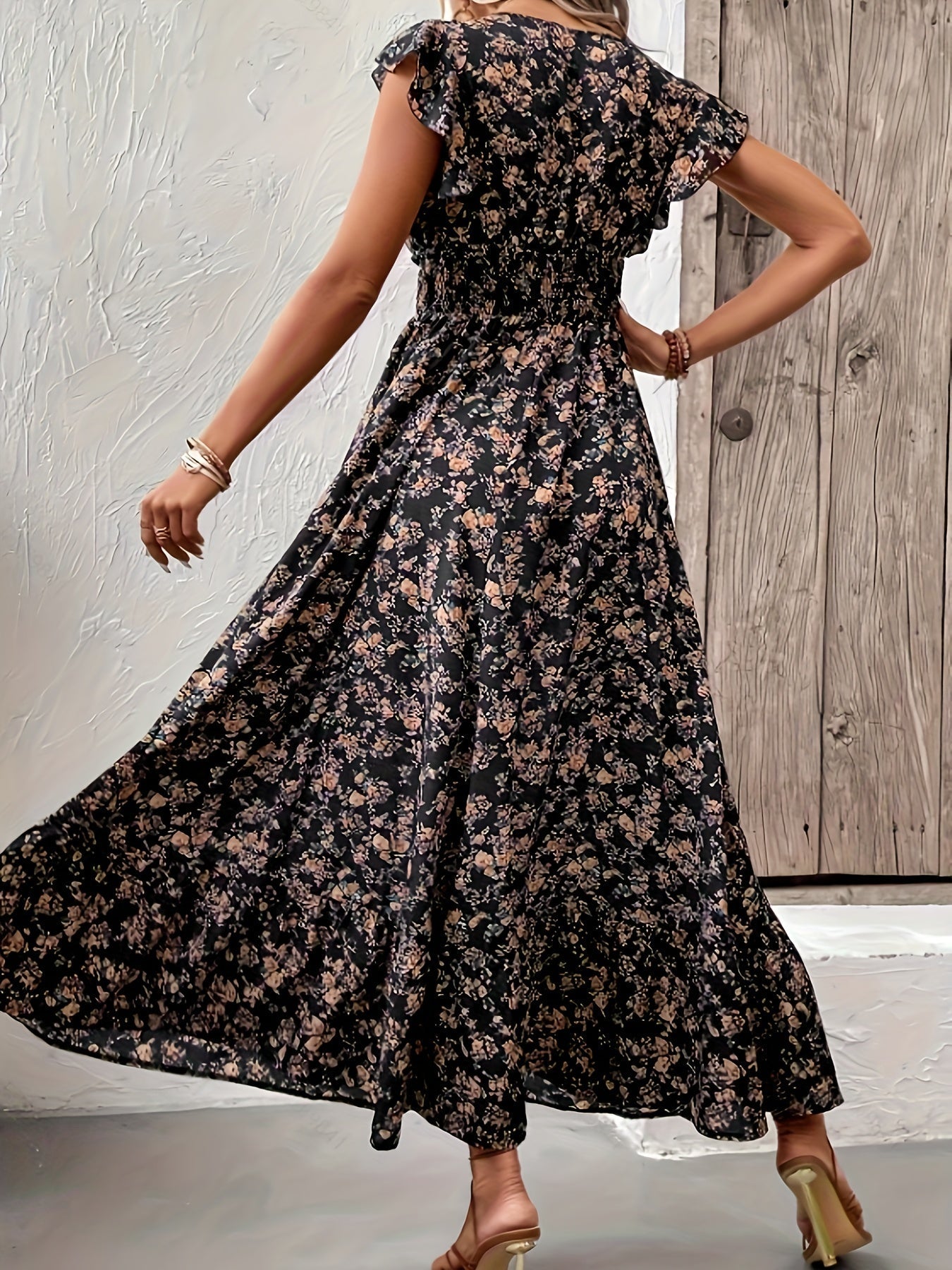 Damen A-Linien Kleid mit Blumendruck und Rüschenärmeln, festliche Kleider für Frühling und Sommer