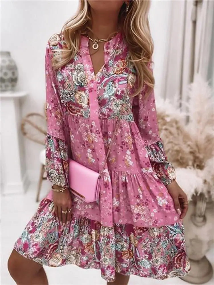 Damen A-Linien Kleid mit V-Ausschnitt und Blumenmuster – Leichtes Sommerkleid für Freizeit und Strand