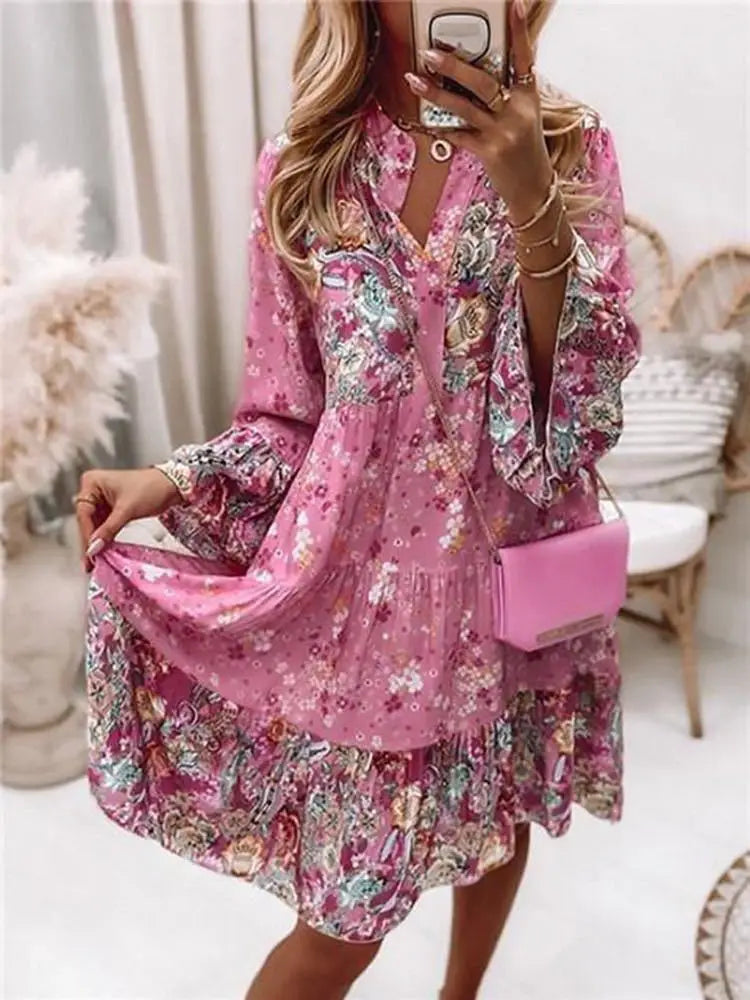 Damen A-Linien Kleid mit V-Ausschnitt und Blumenmuster – Leichtes Sommerkleid für Freizeit und Strand