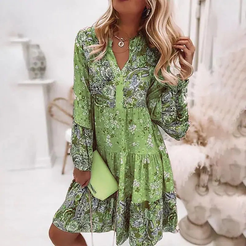Damen A-Linien Kleid mit V-Ausschnitt und Blumenmuster – Leichtes Sommerkleid für Freizeit und Strand