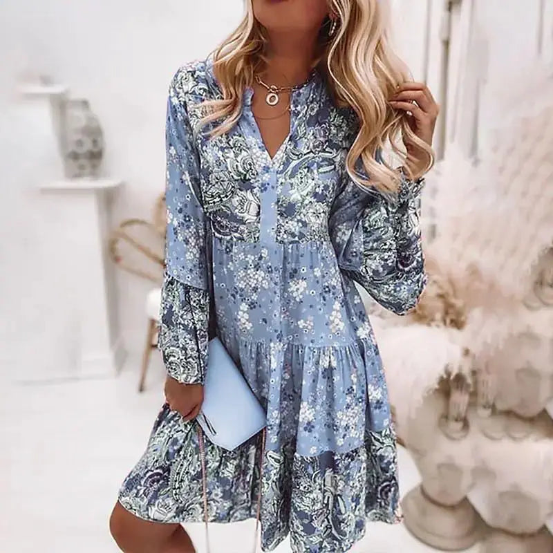 Damen A-Linien Kleid mit V-Ausschnitt und Blumenmuster – Leichtes Sommerkleid für Freizeit und Strand