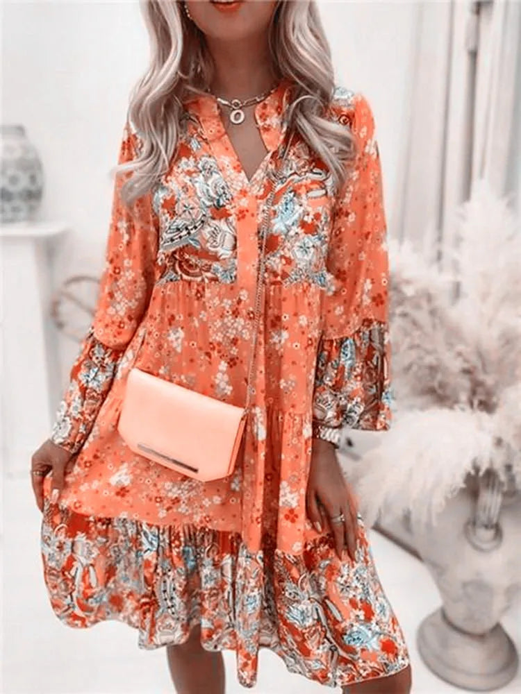 Damen A-Linien Kleid mit V-Ausschnitt und Blumenmuster – Leichtes Sommerkleid für Freizeit und Strand