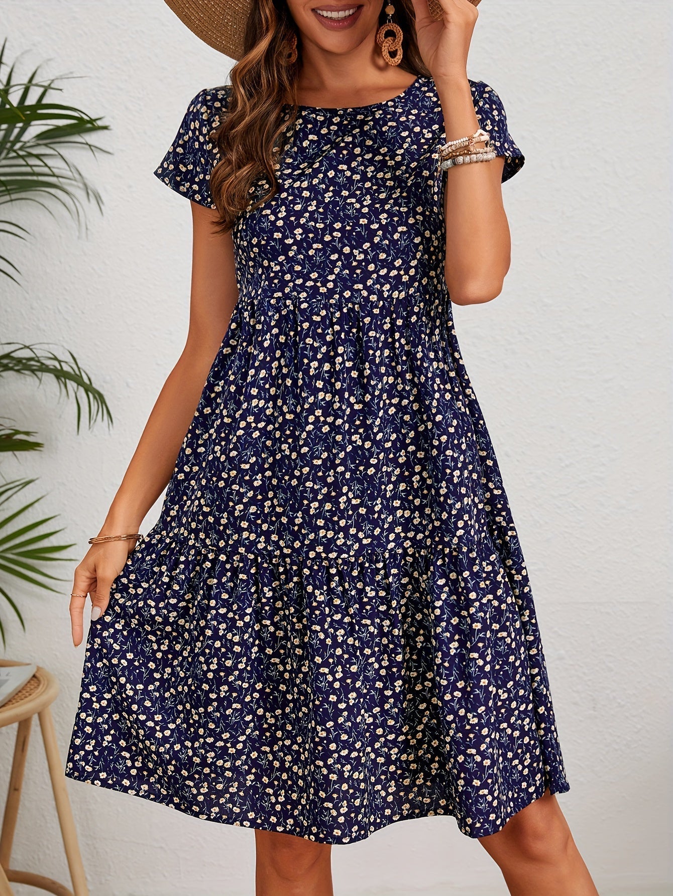 Damen Bleistiftkleid mit Blumenmuster, Crewausschnitt, Knielang, Elegantes Kleid für Frühling und Sommer