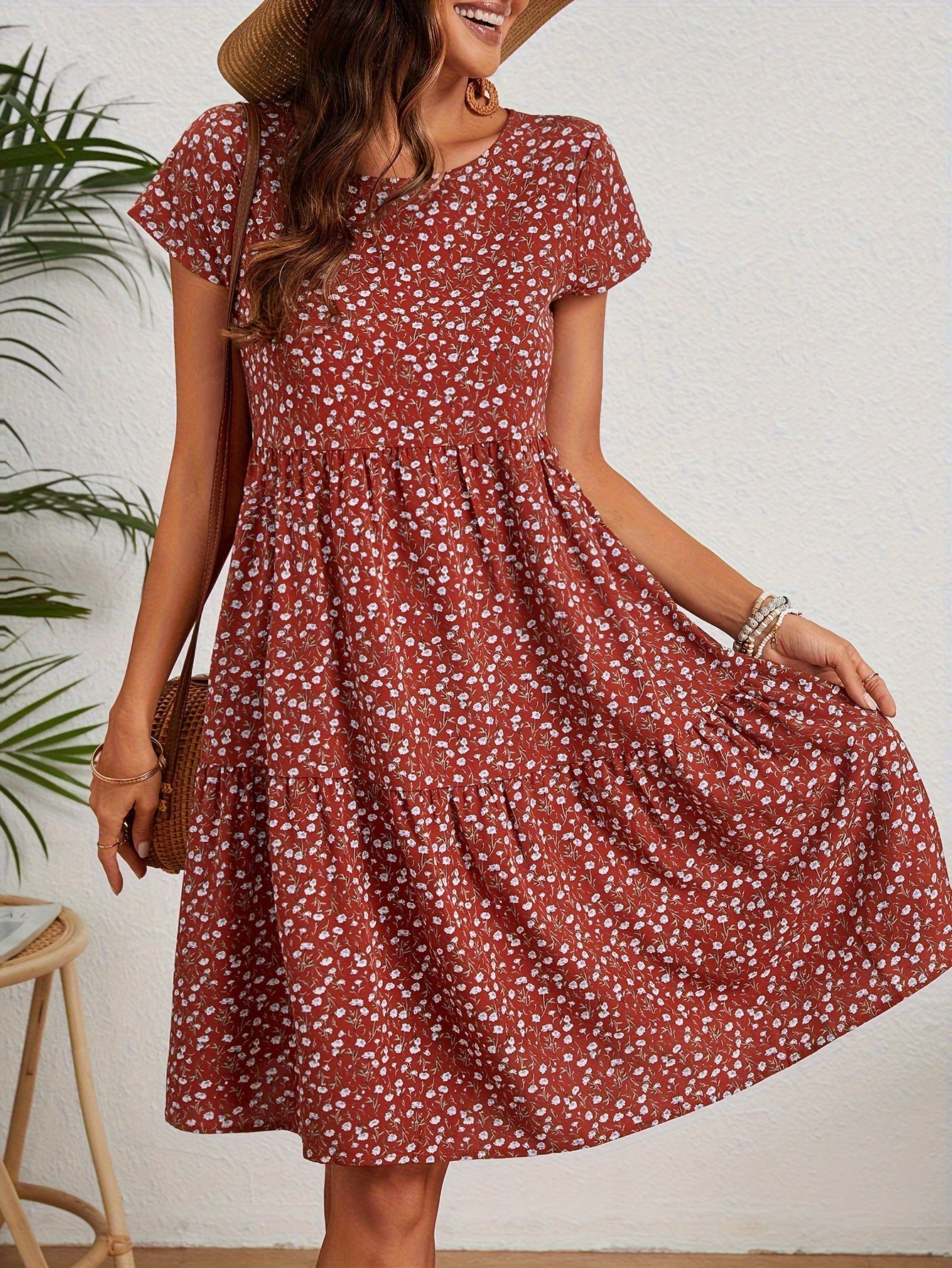 Damen Bleistiftkleid mit Blumenmuster, Crewausschnitt, Knielang, Elegantes Kleid für Frühling und Sommer