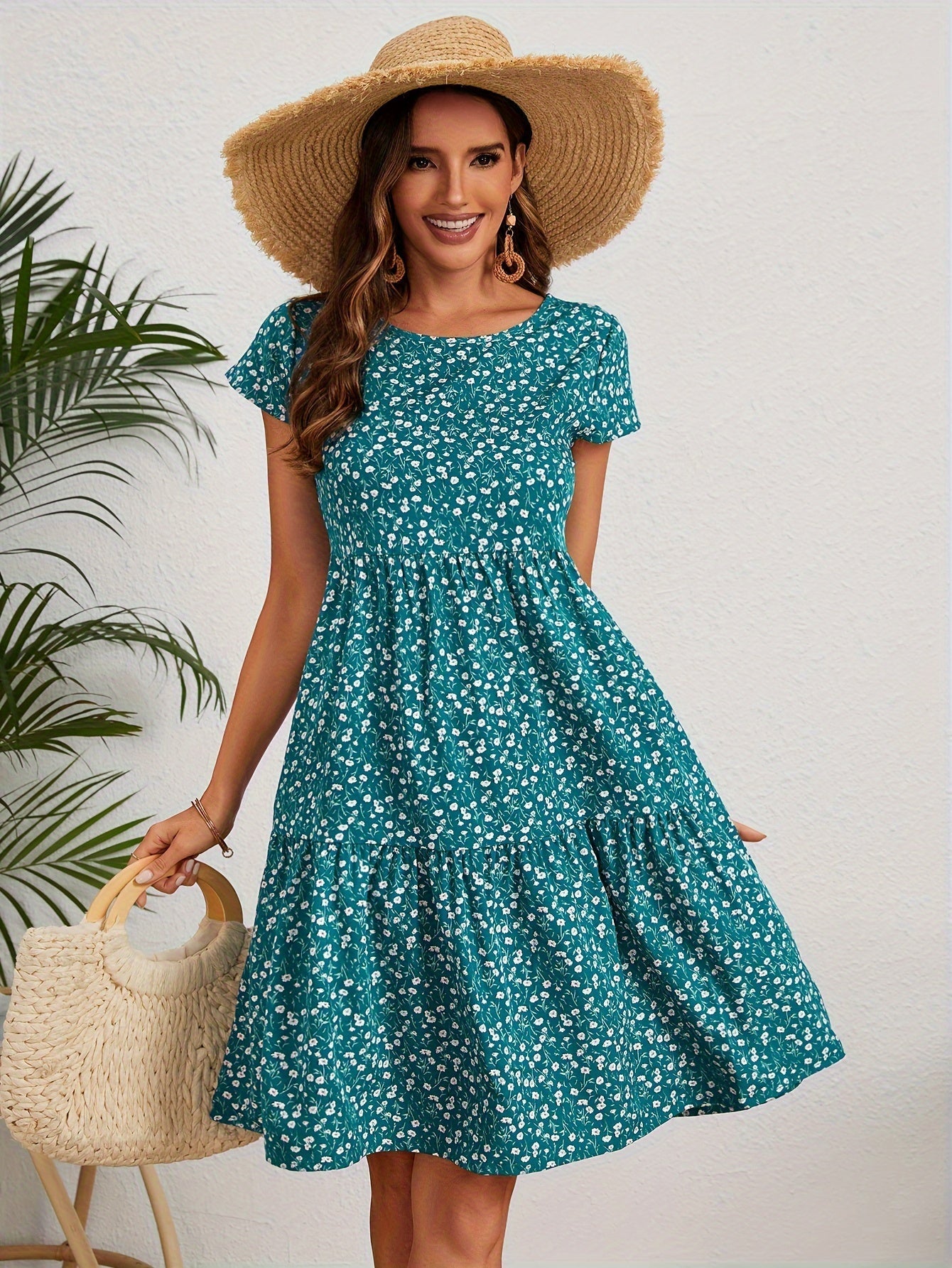 Damen Bleistiftkleid mit Blumenmuster, Crewausschnitt, Knielang, Elegantes Kleid für Frühling und Sommer