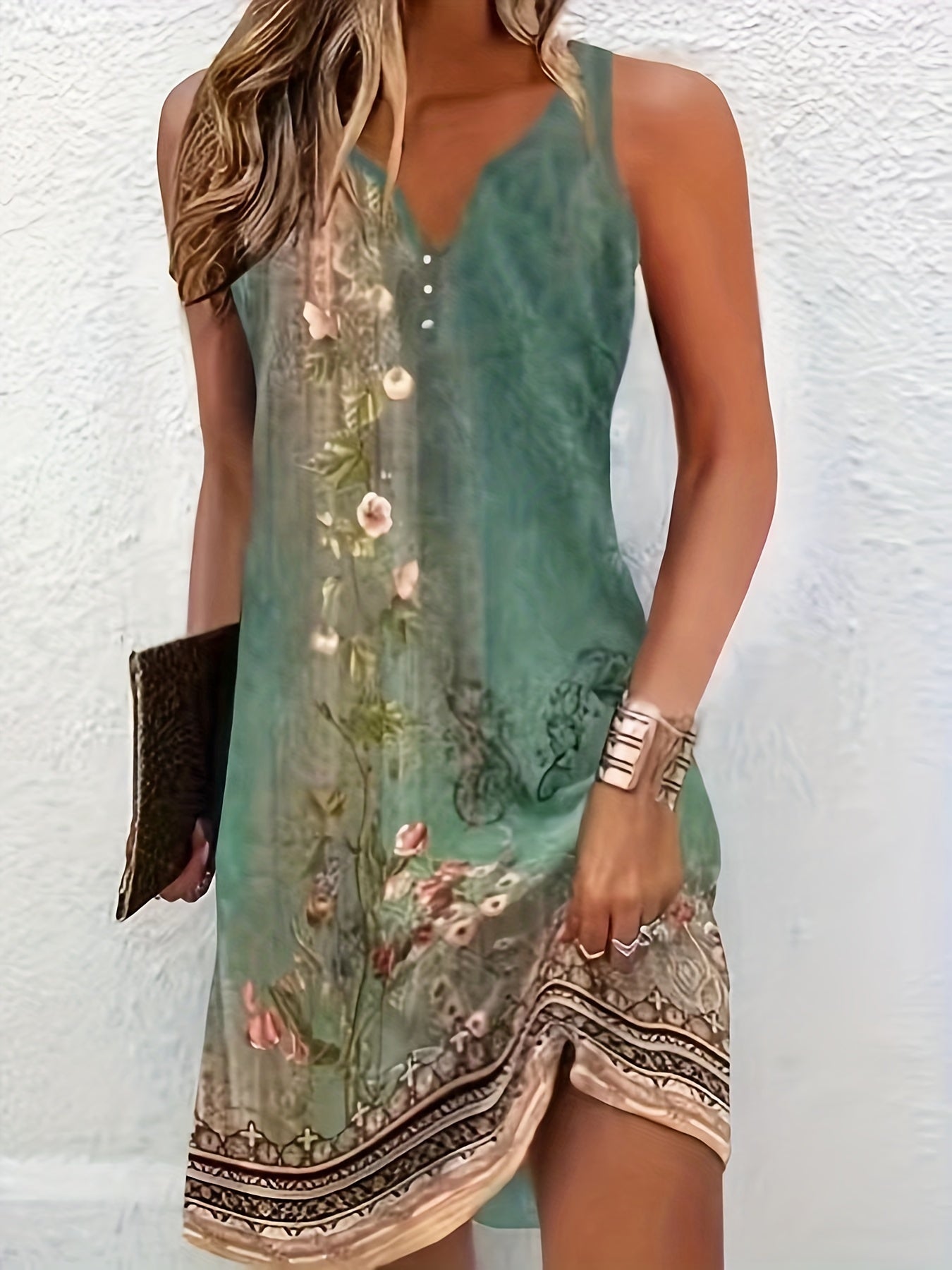 Damen Blumendruck Kleid mit Kerlausschnitt und Knopfdetails - Elegantes Festliches Kleid für Hochzeitsgäste und besondere Anlässe