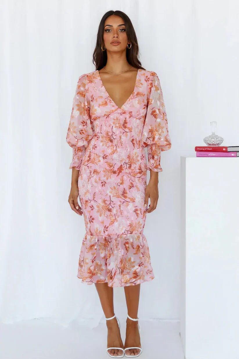 Damen Blumenkleid Midi mit V-Ausschnitt und Puffärmeln für Hochzeitsgast und festliche Anlässe