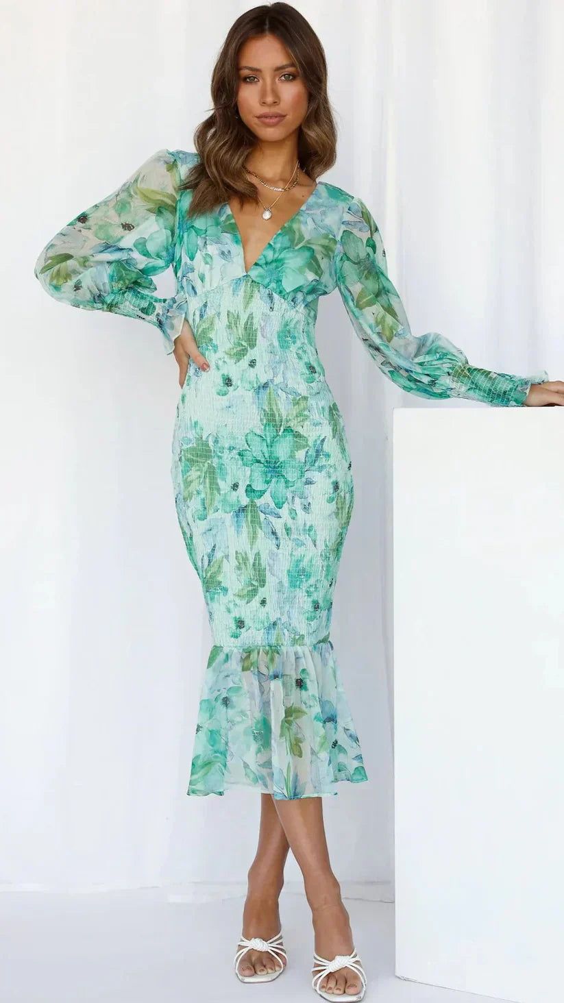 Damen Blumenkleid Midi mit V-Ausschnitt und Puffärmeln für Hochzeitsgast und festliche Anlässe