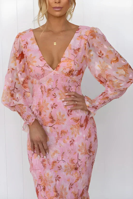 Damen Blumenkleid Midi mit V-Ausschnitt und Puffärmeln für Hochzeitsgast und festliche Anlässe