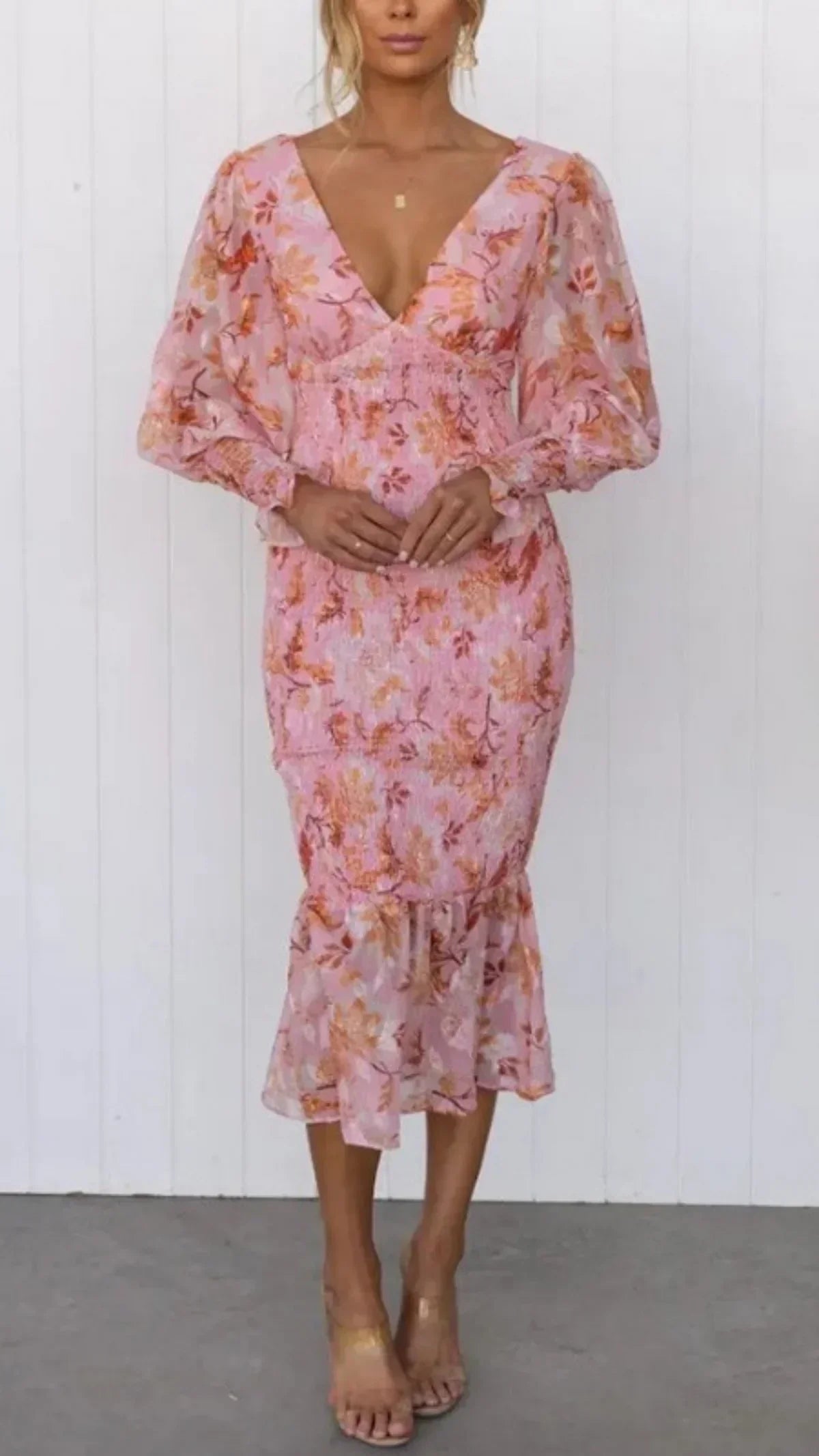Damen Blumenkleid Midi mit V-Ausschnitt und Puffärmeln für Hochzeitsgast und festliche Anlässe