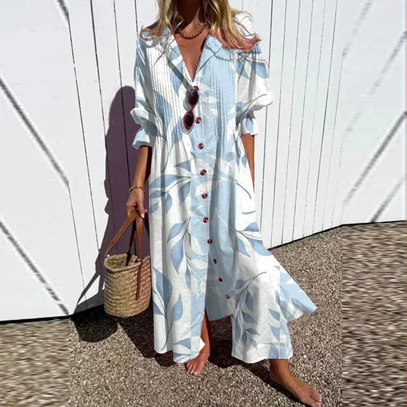 Damen Boho Kleid mit tiefem V-Ausschnitt und fließeandem Rock