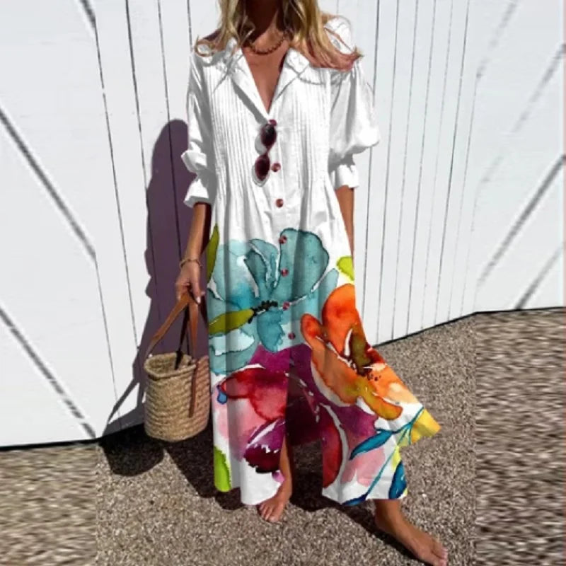 Damen Boho Kleid mit tiefem V-Ausschnitt und fließeandem Rock