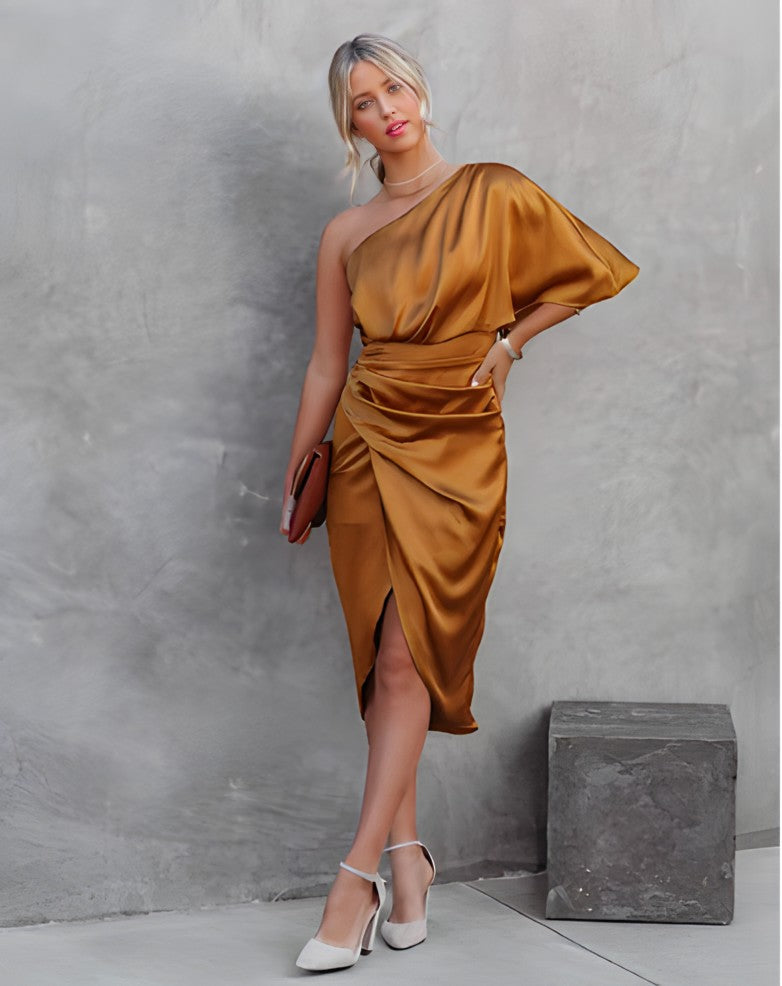 Damen Ein-Schulter Drapiertes Satinkleid – Elegantes Asymmetrisches Midikleid4