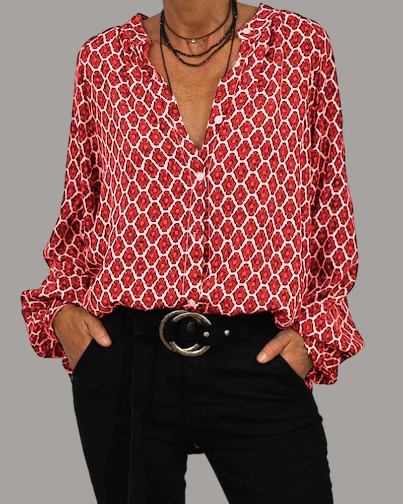 Damen Gemusterte V-Ausschnitt Bluse – Langarmshirt mit Lockerer Passform3