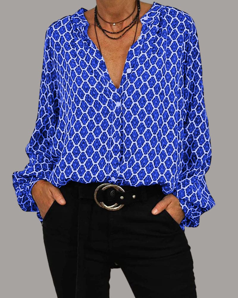 Damen Gemusterte V-Ausschnitt Bluse – Langarmshirt mit Lockerer Passform4