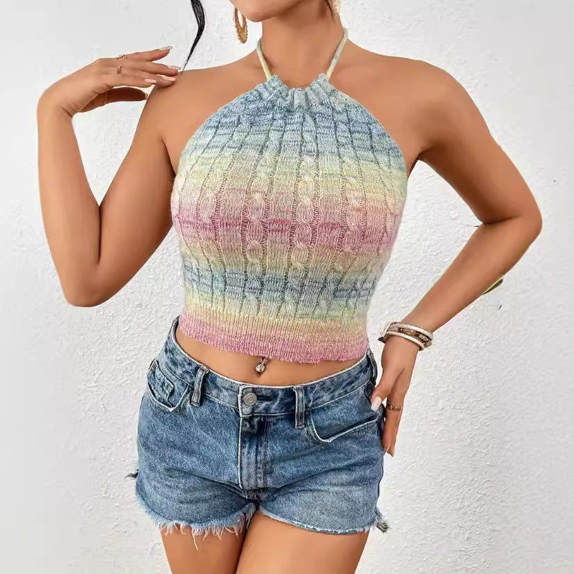 Damen Halter Crop Top mit Kabelmuster